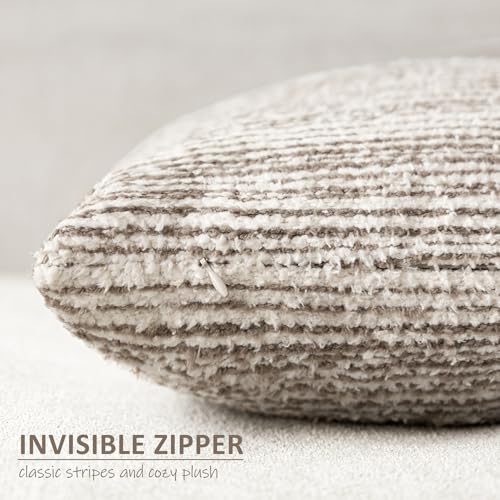 Image of Foindtower Set of 2 Faux Fur Textured Modern Throw Decorative Pillow Covers Square Accent Striped Cushion Sherpa Boho Farmhouse Pillowcase for Couch Sofa Living Room Home Decor 18x18 Inch,Light Taupe