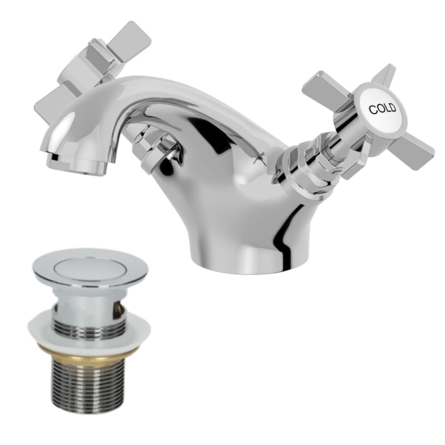 Park Lane Chrome Park Lane® Worcester Bathroom Cloakroom Basin Sink Mixer Tap And Waste Set Traditional Mono Round Twin Crosshead Handle Faucet For Sinks,