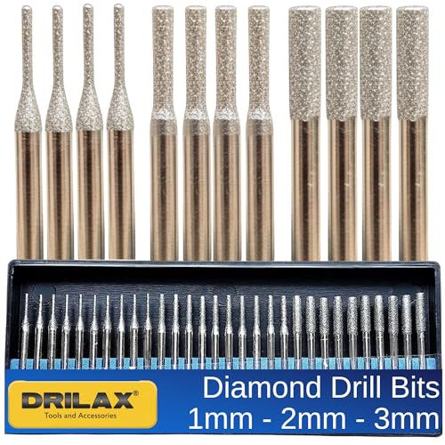 Drilax Diamond Drill Bits for Stone and Glass – 30 Pc Set (1mm, 2mm, 3mm) 1/8 Shank for Dremel & Rotary Tools – Jewelry Making, Gemstone, Sea Glass and Lapidary Drill Bits Kit