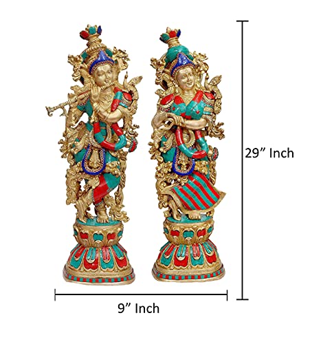 Image of AONA Brass Pair of Radha Krishna - Big Size - Brass Radha Krishna Kishan Murti Idol Statue Sculpture (29 inch) (Big Radha Krishna) (Orange), Idol