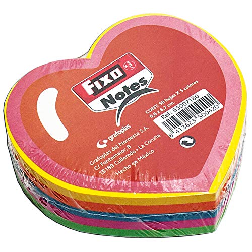 Fixo Notes | Notas Adhesivas Corazón | Bloc con 5 Colores Neón | 71x69mm | 50 Hojas | Certificado FSC | Perfecto Material Escolar para Mejorar tu Productividad