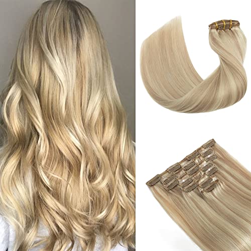 Image of S-noilite Hair Extensions Clip in Human Hair 20 Inch Light Blonde Highlighted Golden Blonde Double Weft Thick Silky Straight Seamless Remy Hair Clip ins for Women 7PCS 120g-#(P16 /22)