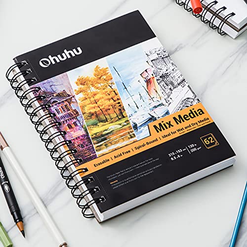 Mix Media Pad, Ohuhu 8.5"X6" Mixed Media Art Sketchbook, 120 Lb/200 Gsm Heavyweight Papers, 62 Sheets/124 Pages, Spiral Bound Mixed Media Paper Pad For Acrylic, Painting Christmas Gift #TOP7