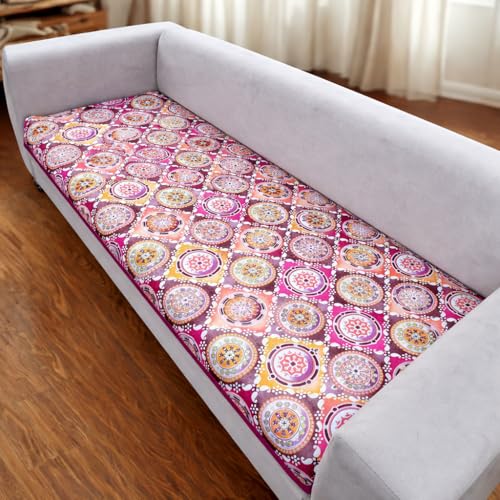 Image of Homerz Premium 7 (3+2+2) Seater Velvet Sofa Panel Cover with Digital Prints | Anti-Slip Backing (Pink Rangoli, 7 (3+2+2) Seater)