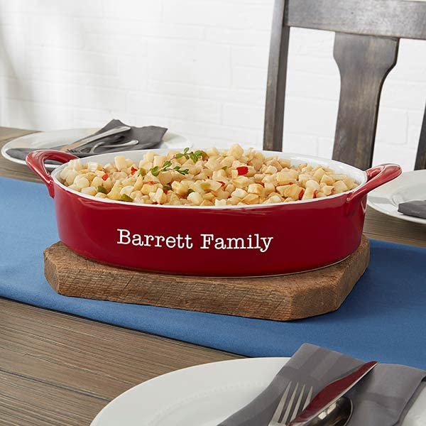 Personalization Universe Personalized Classic Ceramic Oval Baking Dish - 3 Quart Capacity, Oven Safe, Microwave and Dishwasher Safe, Ideal for Casserole and Pies, Custom Engraved Casserole Dish - Red
