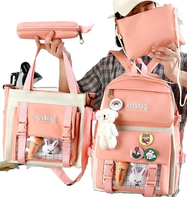 Genérico - Mochila Escolar Femininas Casuais Conjunto com 4 Peças, Estilo Casual cor Rosa