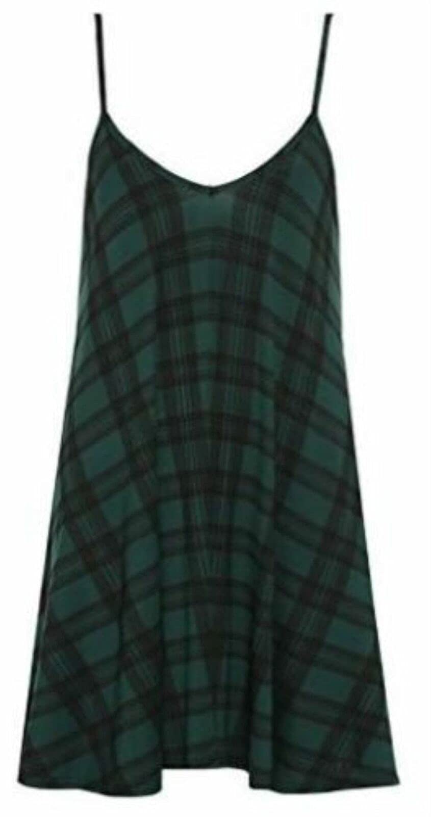 Fairy Trendz Ltd Women's Tartan Green Plus Size Plain Printed Strappy Sleeveless Cami Swing Dress 8-26( Uk 16-18)