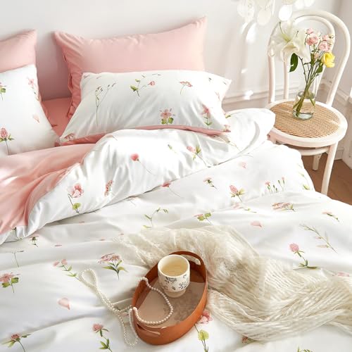 Image of Wake In Cloud - Floral Comforter Set, Cottagecore Cute Aesthetic Watercolor Tiny Flowers and Leaves, Soft Lightweight Bedding for Women Teen Girls, 3 Pieces, Pink, Full Size