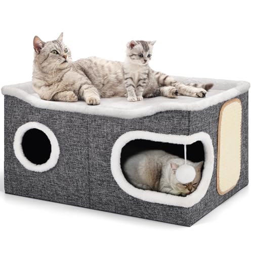 Shikha Faltbares Katzenhöhle, Katzenhaus Indoor große Katzen, 61T*45B*32H cm 2 Schicht Katzenwürfel, XXL Katzen höhle mit Kratzbrett und...