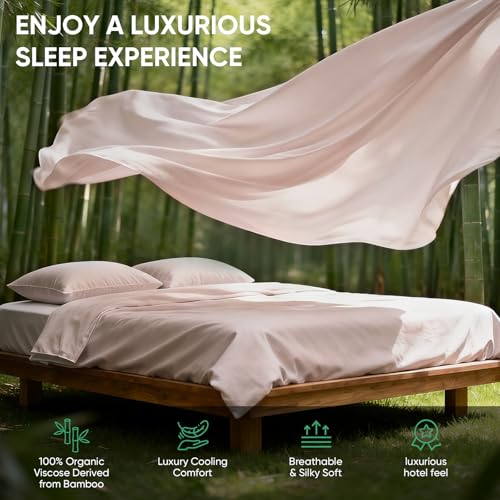 Image of TWK Real 100% Viscose Derived from Bamboo Sheets Set King Size, Cooling & Silky Soft for Hot Sleeper, Breathable & Moisture Wicking Fabric, 18 inch Deep Pocket with Corner Straps (Sand, King)