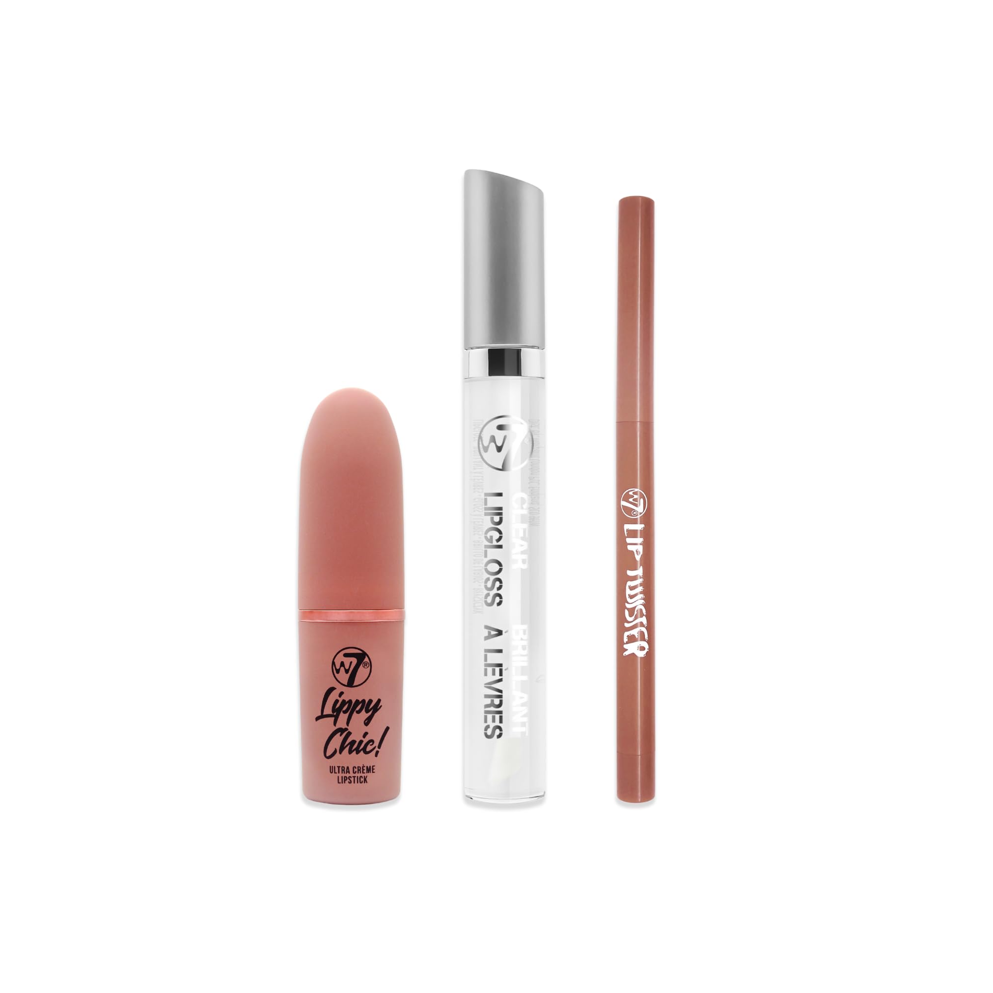 W7Lip Gloss Wand Set - 3Pcs Set - Lipstick, Lip Liner & Gloss - Nude