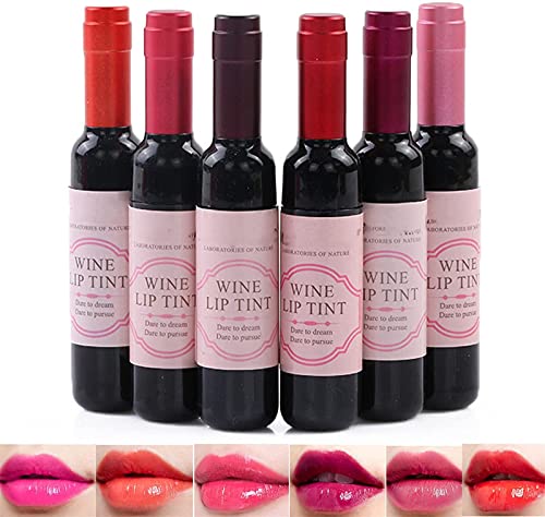 6 Colors Wine Lip Tint,Matte Lipstick Long Lasting Waterproof Lip Gloss Wine,Natural Liquid Lipstick Mini Make Up Lip Gloss Matte Lip Sticks Wine Bottle for Women,Easy to Carry (A-6Pcs)