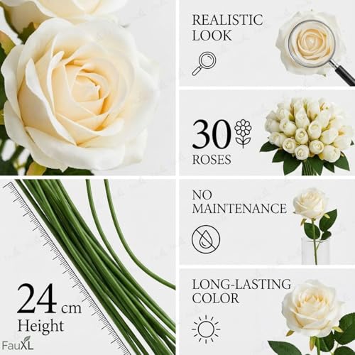Image of Set of 24 Artificial Rose Flowers Bunches for Vase - Home Decoration Gift Items for Living Room Corner Table Top Bedroom Wedding (Pot Not Included) - 24 CM (White)