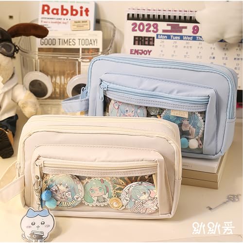 Image of ITA Pencil Pouch Anime Display Pen Case Stationery Bag with Clear Insert & Stickers for Teens College Students (Blue)
