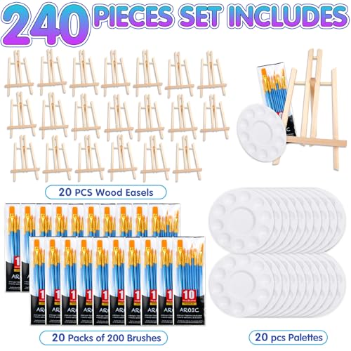 Image of 240 PCS Professional Painting Set with 20 Wood Easels, 20 Packs 200 Brushes | with Nylon Brush Head and 20 PCS Palettes, Painting Supplies kit for Kids & Adults to Painting Party