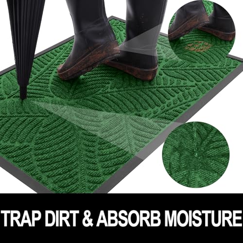 Colorxy Waterproof Doormat, Sturdy Natural Rubber Front Indoor Mat, Non Slip Low Profile Indoor Outdoor Door Mats, Stain and Fade Resistant Floor Mat, Easy Clean Patio Entrance Mat, 36''x24'', Green
