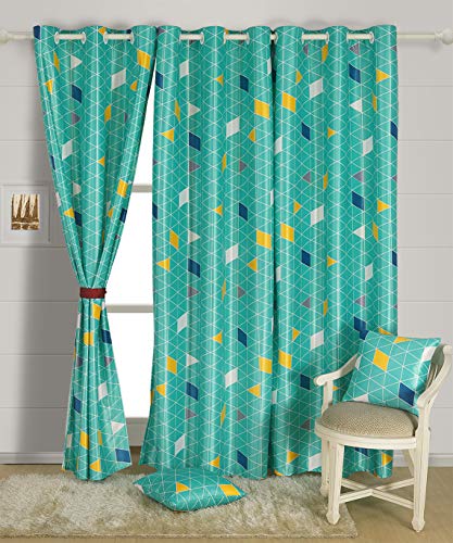 Image of Swayam 90% Blackout Polyester Window Curtain for Living Room & Bedroom | 5 Feet | Room Darkening Curtain with Eyelets | Pack of 1 | Geometric Design - Turquoise