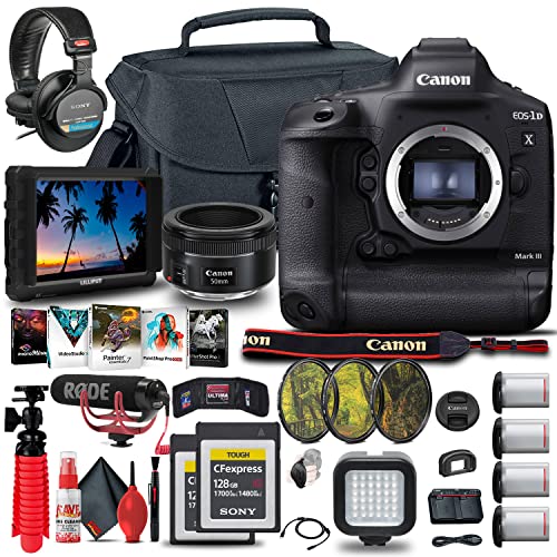 Canon EOS-1D X Mark III DSLR Camera (Body Only) (3829C002) + 4K Monitor + Canon EF 50mm Lens + 2 x 128GB CFexpress Card + Pro Mic + Pro Headphones + 3 x LP-E19 Battery + Case + More (Renewed)