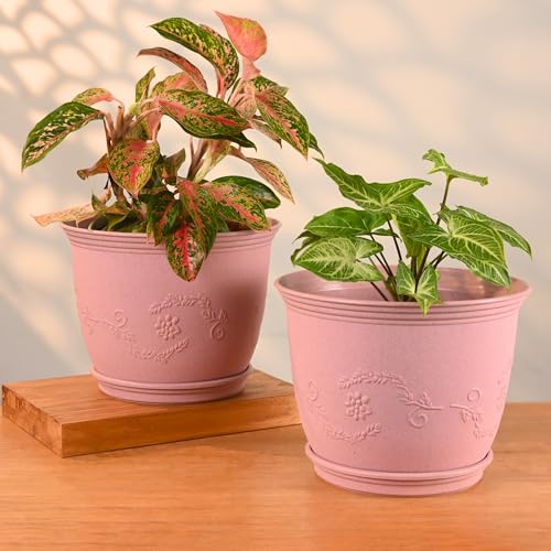 Eha Earth-Friendly 10" Leafy Planters with Tray | Set of 2 | Bamboo Fiber | UV Protected | Drainage Hole | Pots for Indoor, Outdoor, Balcony & Garden | Innocent