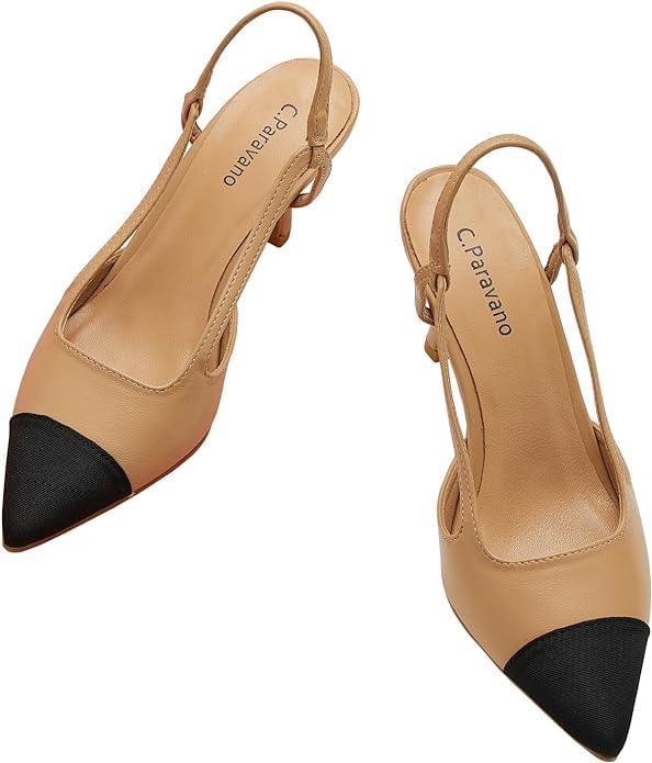C.Paravano Women's Slingback Pumps | Pointed Toe Kitten Heels | Closed Leather Heeled Sandal | Wedding Dress Pumps Shoes (Size 7.5,Beige Heels)