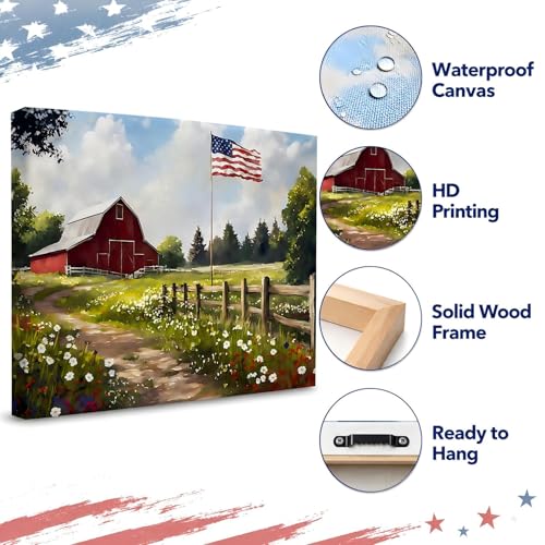 Image of RIBNTAK Farmhouse Red Barn & American Flag Canvas Print, Rustic Wildflower Meadow Patriotic Wall Art, 4th of July Holiday Decoration for Home, Office & Rustic Interiors, Made in USA