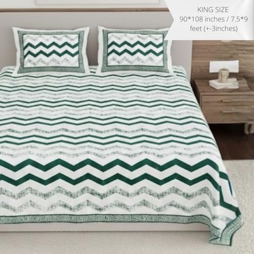 Image of Living Roots Ethnic Jaipur Block Print Double Cotton Bedsheet & 2 Pillow Covers, for Mattress Upto 6 inches Thick, No Colour Bleeding, Green Colour, King Size 90 * 108 inches, 120TC (609-C)