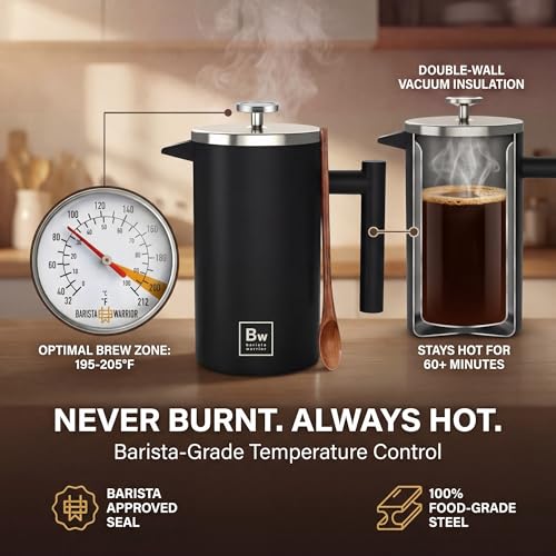 Image of Barista Warrior French Press Coffee Maker - Double-Wall Stainless Steel Insulated French Press with Built-In Thermometer, Dual Filters Coffee Maker with Wooden Spoon - Black