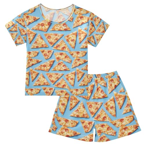 ALAZA Pizza on Blue Pajamas Set Short Sleeve Cotton Sleepwear Summer Pjs 2 Piece 5-14Y