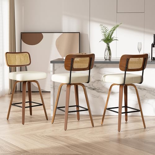 Image of Swivel Bar Stools Set of 3, 26 inch Upholstered Faux Leather Counter Height Barstools with Rattan Back & Bentwood Legs, Mid Century Modern Bar Chairs Island Stools for Kitchen Counter, Cream White