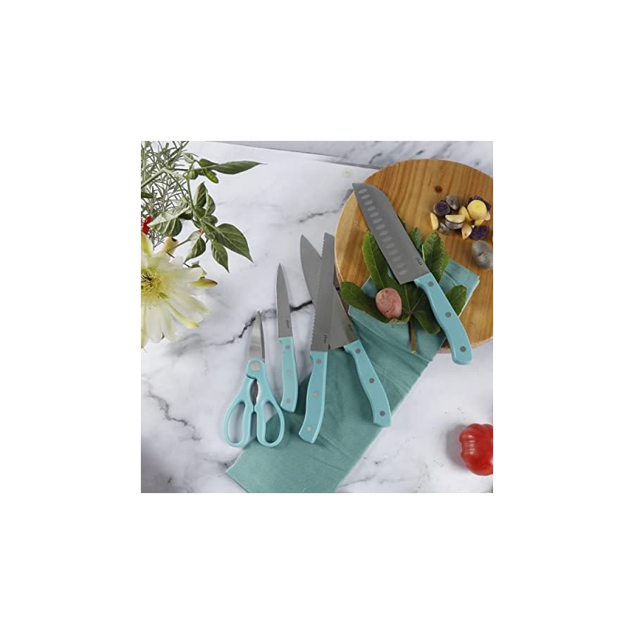 Oster-Evansville-14-Pc-Stainless-Steel-Kitchen-Knife-Cutlery-Set-WTurquoise-Handles-Black-Rubberwood-Block Oster Evansville 14 Piece Stainless Steel Kitchen Knife Cutlery Set W/Turquoise Handles & Black Rubberwood Block