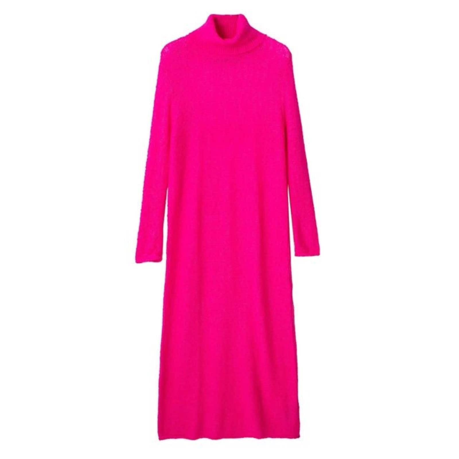Vestido largo de punto rojo rosa de cuello alto para mujer, vestidos elegantes de manga larga para mujer, ropa de otoño e invierno