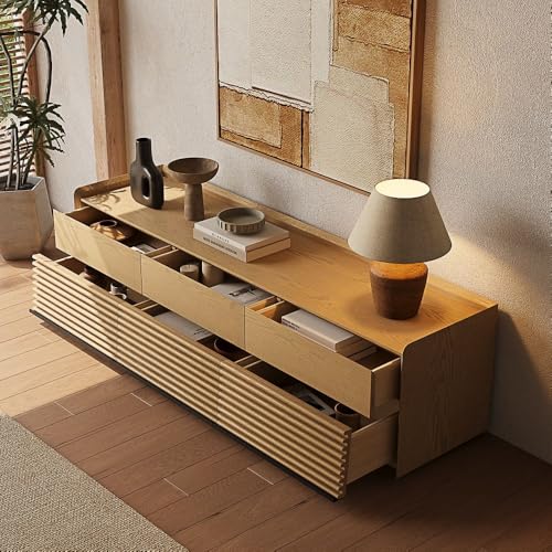 Image of POVISON 71 inch Fully Assembled Mid Century Modern TV Stand with LED Lights, Media Console with 6 Drawers, Wood Slatted Entertainment Center, No Assembly Required, Fits 65-75 Inch TV