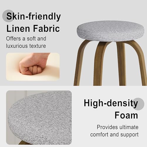 Set de 2 Butacos giratorios, Altura mostrador 30′′, Asiento tapizado en tela gris claro, Patas de madera resistentes y reposapiés metálico, Diseño moderno de mediados de siglo miniatura 6