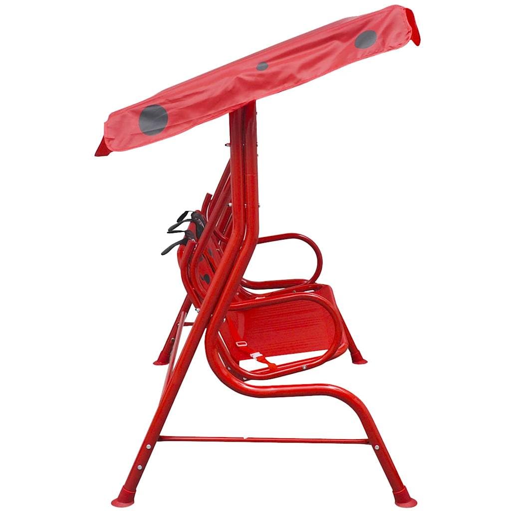 Columpio infantil de madera roja con toldo, marco de acero resistente, 115 x 75 x 110 cm, columpio de jardín para balcón, terraza, jardín, resistente a la intemperie, para relajación y uso al