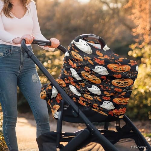 Image of Wanyint Baby Car Seat Cover Stretchy Carseat Canopy Baby Breastfeeding Stroller High Chair Shopping Cart Cover Infant Nursing Scarf Halloween Decoration, Pumpkin Ghost Fall Leaf