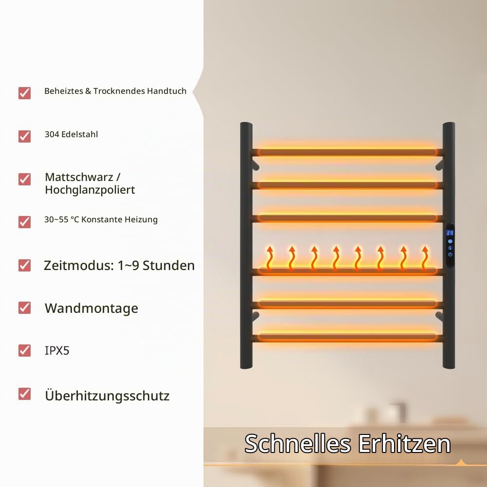 KWW Ferngesteuerter Handtuchwärmer für Badezimmer, 1–9-Stunden-Timer und Einstellbarer Temperatur, LED-Anzeige, Wandmontierter Edelstahl-Wäscheständer mit Oberer Ablage (Matt-schwarz, 5 Bars)