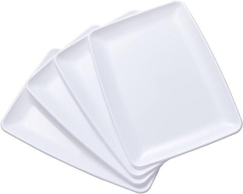 N9R 10 bandejas de plástico blanco para servir, platos rectangulares de 11 x 8 pulgadas con 10 piezas de papel de carnicero, decoración de bandejas,