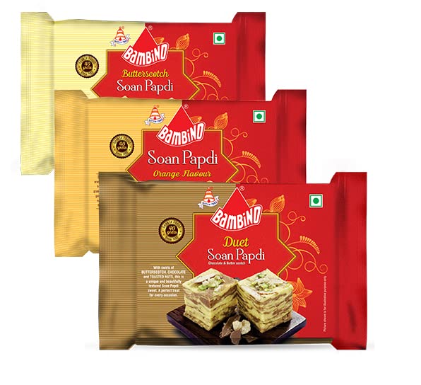 Image of Bambino Soan Papdi Combo Pack of 3 Buttersctoch I Orange I Duet Each 200 Gms