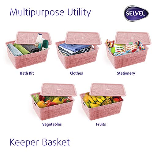 Image of SELVEL Giving shape to life! BPA-Free Polypropylene Break Resistant Multipurpose Storage Baskets with Lid (Pink, 22x 9.5x 9.5cm)