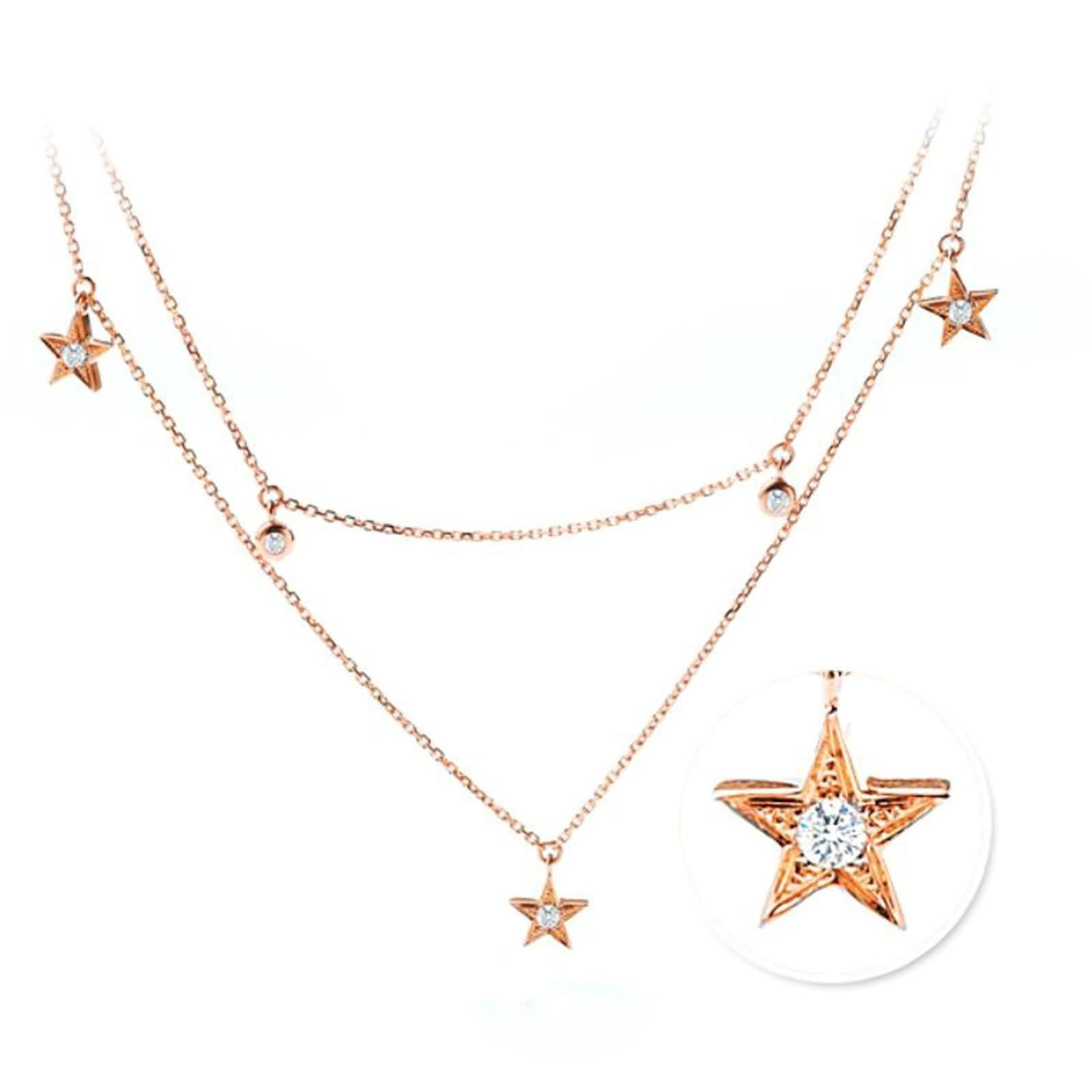 Collar con colgante, collar de cadena para mujer, estrella de doble capa con diamante de 0,14 quilates, oro rosa de 9/14/18 quilates, 45 cm