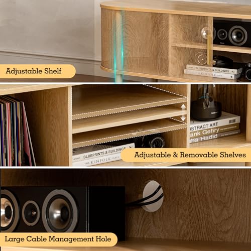 Image of ZttRiee TV Stand with Sliding Doors for TVs up to 60 inch, Modern, Natural | 55 inchW x 18.5 inchH x 15.7 inchD, 200 lbs top / 50 lbs shelf, 2 central shelves & 2 side cabinets, rounded corners, ~60 min assembly