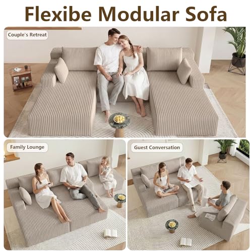 Image of 107 inch Modular Sectional Sleeper Sofa, Boneless Cloud Couch for Living Room, U Shaped 3 Seat Sofa with Deep Seat, Free Combination, Couch in a Box, No Assembly Required (Camel)