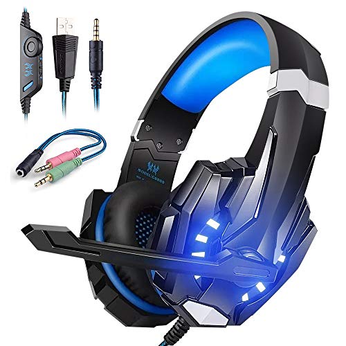 Cascos Gaming Ps4 con Micrófono Auriculares Gaming para PC Xbox one, Sonido Envolvente, LED Cascos Gamer PS4 con Microfono Cancelación de Ruido Diadema 3.5mm Jack para Switch Playstation 4 Laptop