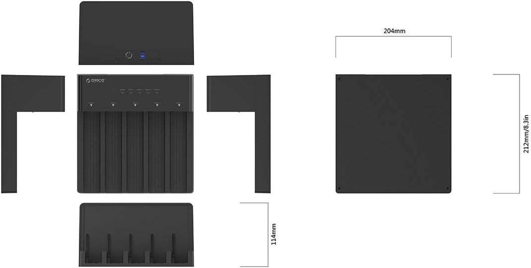 Technical drawing showing the dimensions of the ORICO 5 Bay Hard Drive Docking Station: 204mm width, 212mm/8.3in depth, 114mm height.