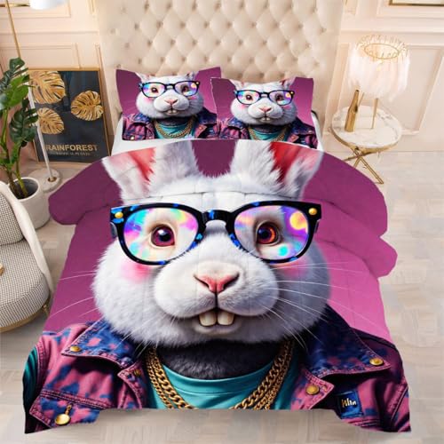 ZZXHG Edredón Matrimonio Estampado 3D | Conejo con Gafas, Nórdico Reversible de 4 Estaciones, Lavable, Incluye 2 Fundas de Almohada 50x75 cm, para Cama de 105 cm