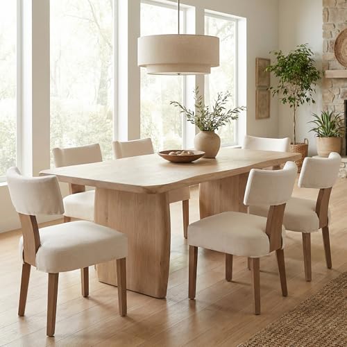 Image of HNY Mid Century Modern Dining Chairs Set of 6 with Seat Covers, Farmhouse Linen Fabric Upholstered Accent Chairs Curved Backrest Kitchen Chairs, with Hardwood Frame, Beige