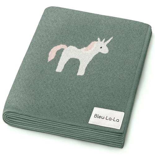 Image of Bleu La La Receiving Blanket for Baby Girls and Boys 100% Cotton Buttery Soft Cozy Receiving Swaddle Crib Stroller Blanket for Shower Gift Registry for Newborns, Infants, Toddlers (Unicorn - Sage)