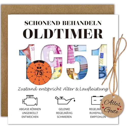 WenmthG Geldgeschenke Geburtstag 75 mit Umschlag, Karte 75 Geburtstag Mann - Lustig Geschenke zum 75 Geburtstag Mann - Schonend Behandeln 1951 Oldtimer