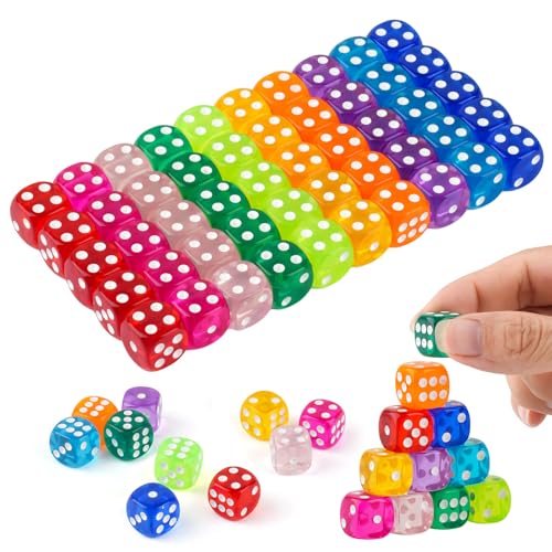 50 Stück Würfel Set 14mm Spielwürfel Acryl Würfel Bunt mit Runden Ecken für Würfelspiele Tischspiele Bar KTV Party Tutoring 10 Farben mit Aufbewahrungsbox