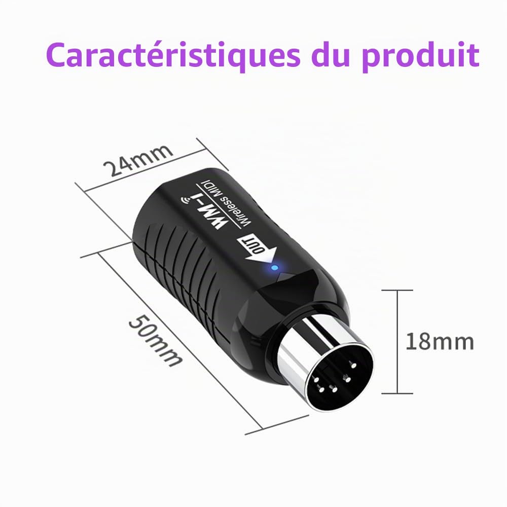 Sanfoelek Adaptateur MIDI sans fil o émetteur récepteur 2,4 GHz ultra faible latence intégré silencieux connecteur MIDI portable pour instruments à vent guitare piano numérique clé